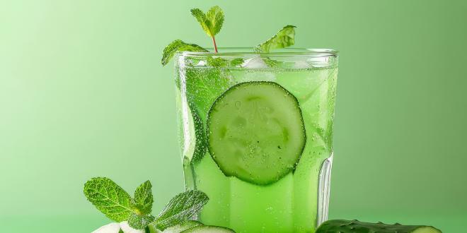 a glass of cucumber juice garnished with mint