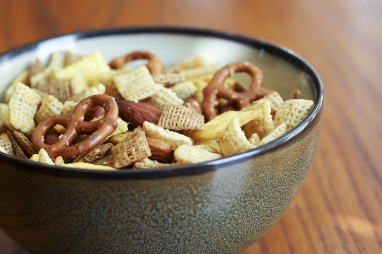 Bowl of snack mix.